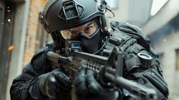 Swat team member with rifle and helmet photo
