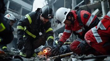 Firefighters working together to put out a fire photo