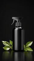 Black spray bottle with green leaves on a black background photo