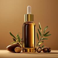 A bottle of argan oil with nuts and leaves photo