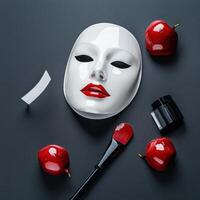 A white mask, red apples and a brush photo