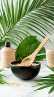 Spa ingredients on a white marble background photo