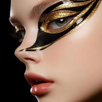 A woman with a gold and black face mask photo