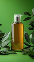3d render of a bottle of olive oil with leaves on a green background photo