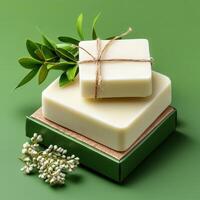 Soap bars with green leaves and twine photo