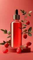 Red roseberry juice bottle with red berries on a pink background 3d rendering photo