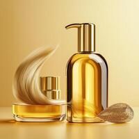 Golden hair and perfume bottle on a yellow background photo