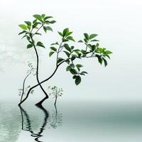 A tree with leaves on the water in the fog photo