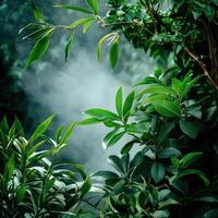 Steam coming from the leaves of a plant in the jungle photo