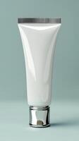 A white tube of cream on a blue background photo