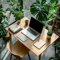 A laptop sits on a wooden desk with plants and a chair photo