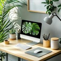 A desk with a computer, monitor and a plant in front of a window photo