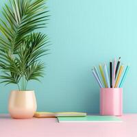 Colors pencils and notebook on pink background 3d render photo