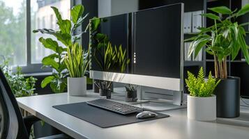 A desk with a computer, keyboard and mouse photo