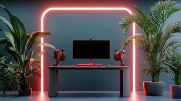A computer desk with a red neon sign photo