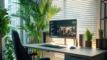 A desk with a computer and a plant photo