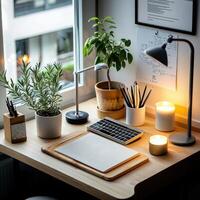 A desk with a lamp, a notebook, and a plant photo