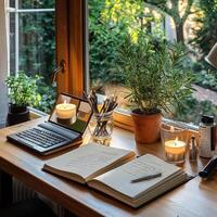 A laptop, a candle and a notebook are placed on a desk in front of a window photo