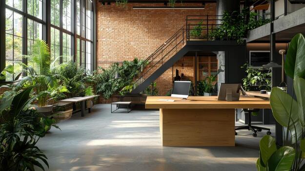 An office with plants and a staircase photo