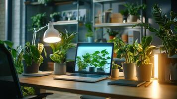 A laptop and potted plants on a desk photo