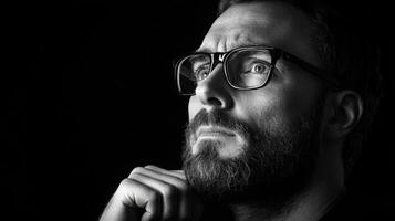 A man with glasses and a beard is looking up photo