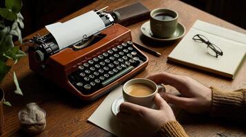 A man is typing on a typewriter with a cup of coffee photo