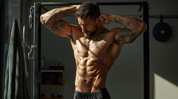 A man with tattoos standing in front of a gym photo