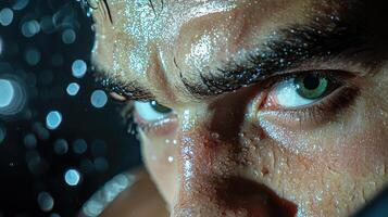 A close up of a man's face with water droplets on it photo