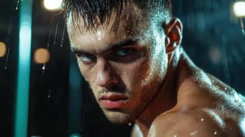 A man with wet hair and a boxing glove photo