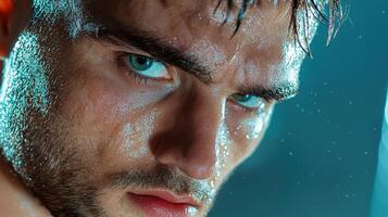 A man with wet hair and blue eyes photo