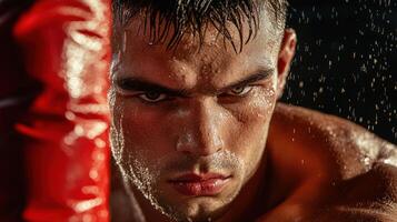 A man is standing in front of a red boxing bag photo