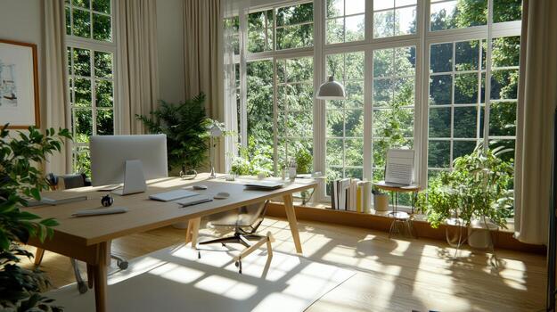 A home office with a desk and a window photo