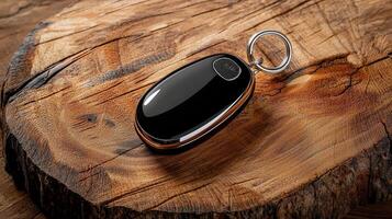 A black and silver keychain sitting on a piece of wood photo