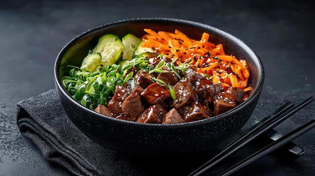 A bowl of beef and vegetables with chopsticks photo