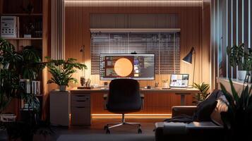 A desk with a computer and a lamp photo