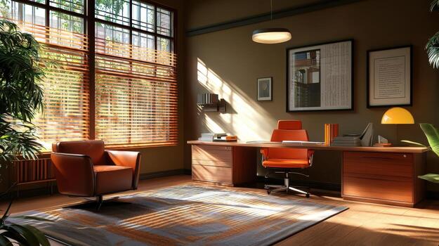 A desk with a chair and a lamp photo
