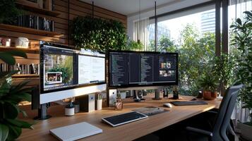 A desk with two monitors and a laptop photo