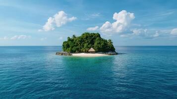 An island in the middle of the ocean with a hut on it photo