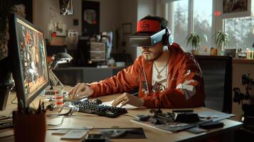 A man wearing a virtual reality headset at a desk photo