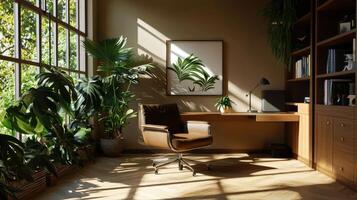 A home office with plants and a desk photo