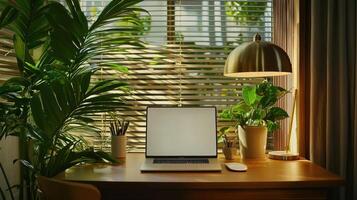 Laptop on a wooden desk with plants and a lamp photo