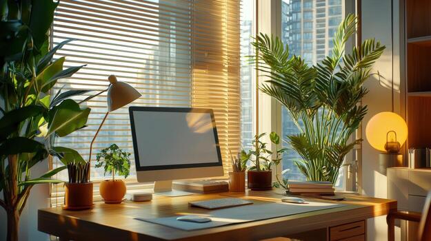 A desk with a computer and a plant on it photo