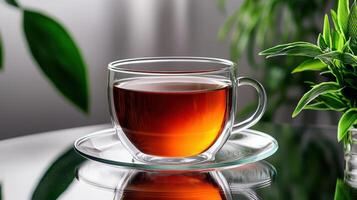 A glass cup of tea sits on a table next to a plant photo