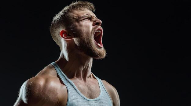 A man with his mouth open and his muscles flexed photo