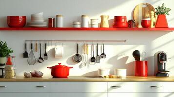 A kitchen with red and white shelves and utensils photo