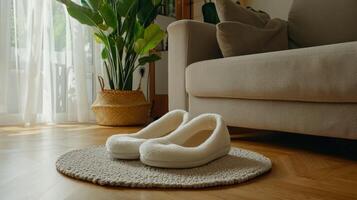 A pair of white shoes on a rug in front of a couch photo
