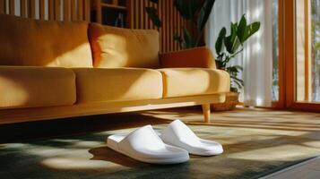 White slippers on a rug in front of a couch photo