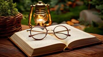 Open book with glasses and lamp on wooden table photo