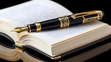 A fountain pen and an open book on a black background photo