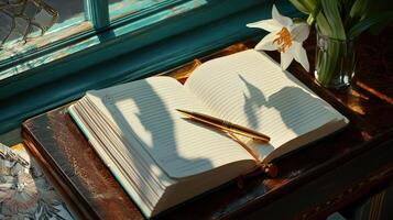 A book, pen and a vase of flowers sit on a table in front of a window photo